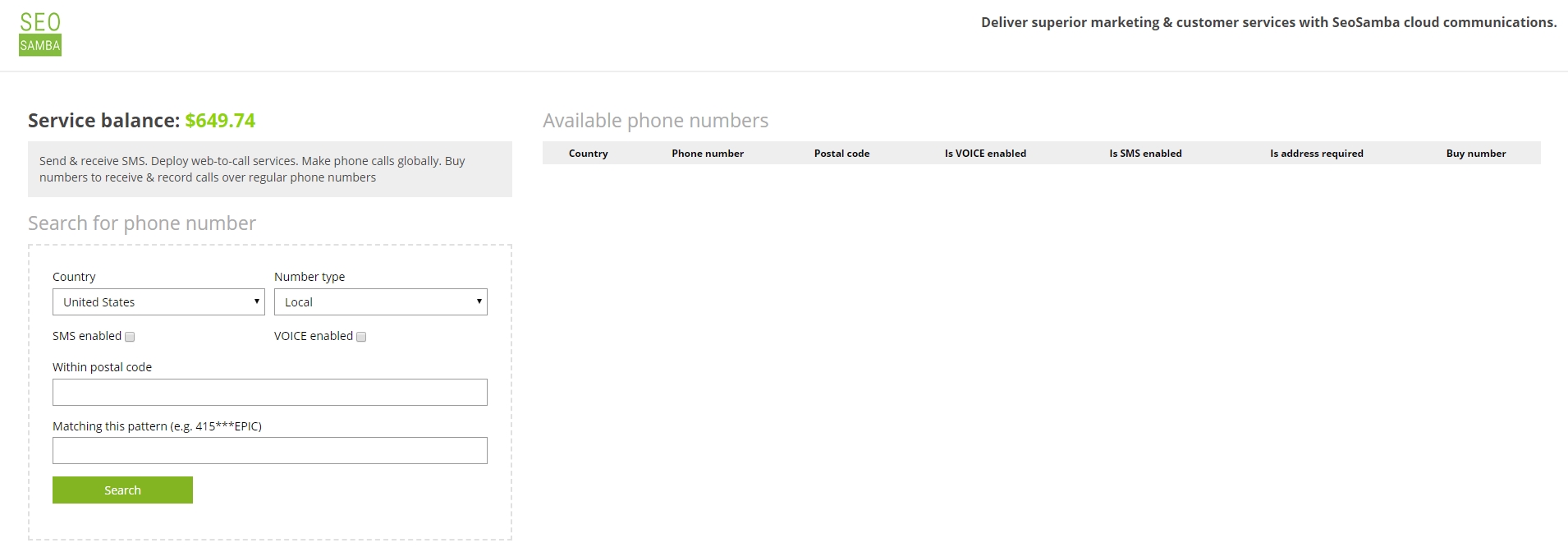 search for a phone number with desired options
